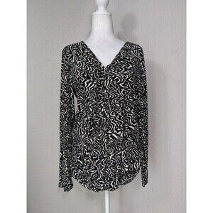 Tribal Womens 3/4 Sleeve V Neck Top Blouse Size L Black‎ White Stretch Soft N28
